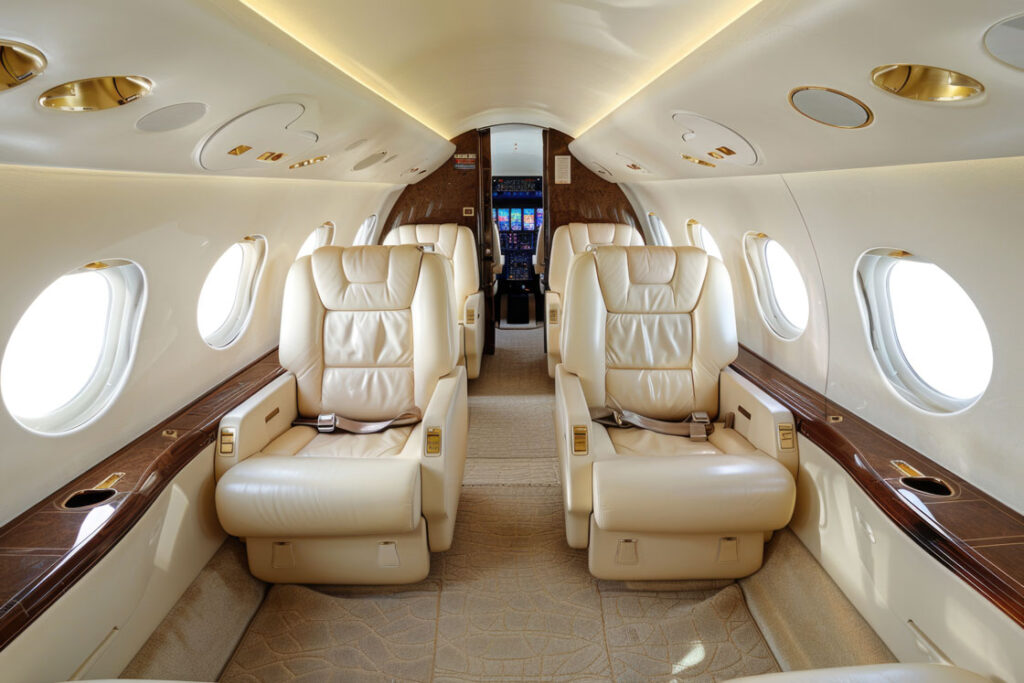 A midsize private jet cabin with club seating and standing headroom, where cabin volume separates one class from the next.