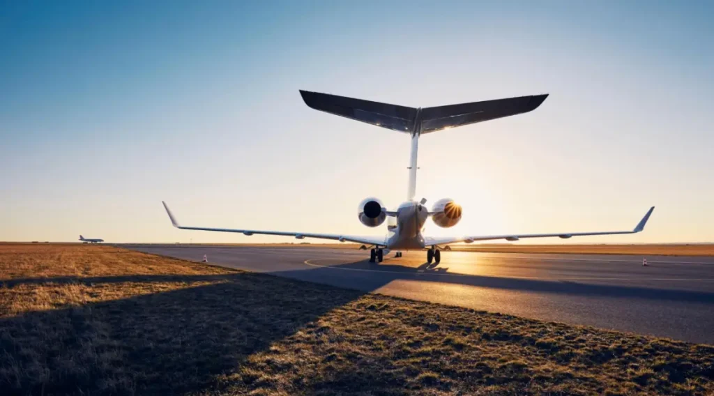 A private jet on the ramp with the airstair down, where the two hours that surround every airline flight disappear.