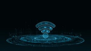 A glowing Wi-Fi symbol above a digital network of connected data points on a dark background.
