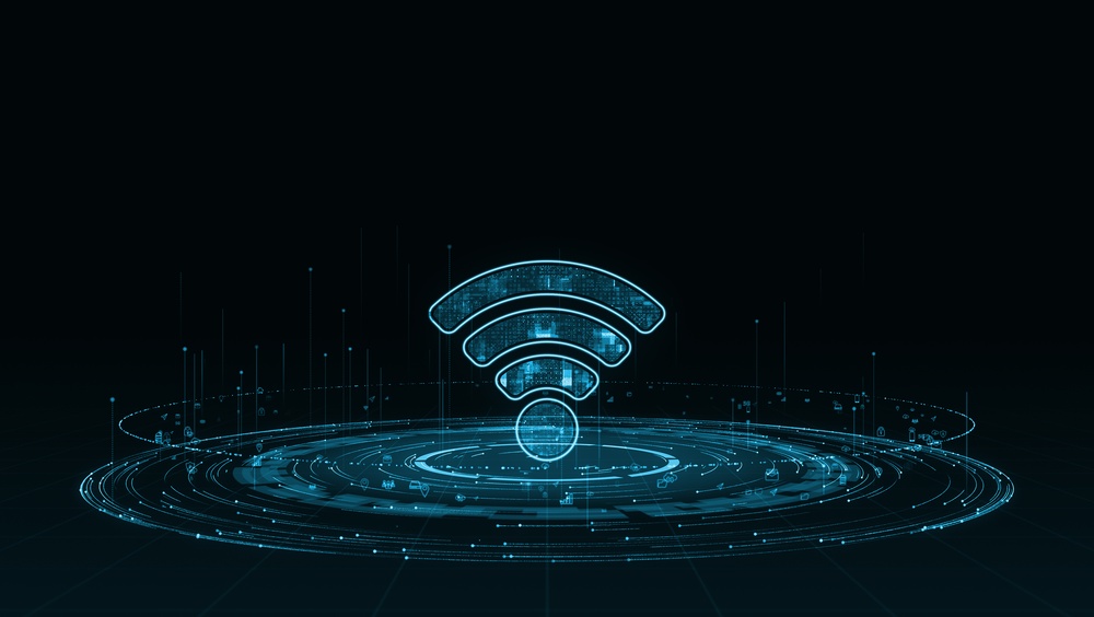 A glowing Wi-Fi symbol above a digital network of connected data points on a dark background.