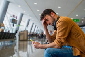 A stranded traveler on his phone in an airport terminal after his flight was canceled.