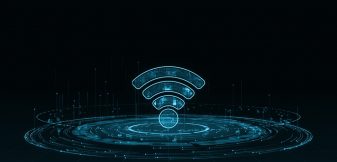 A glowing Wi-Fi symbol above a digital network of connected data points on a dark background.